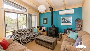 Fireplace, foosball, books