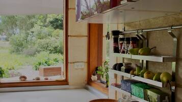 Une cuisine avec une fenêtre donnant sur un espace verdoyant, une étagère avec des bocaux et une plante, et un meuble en bois.