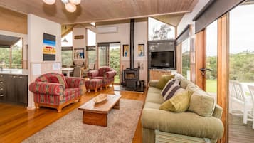 Fernseher, Kamin, DVD-Player, Bücher