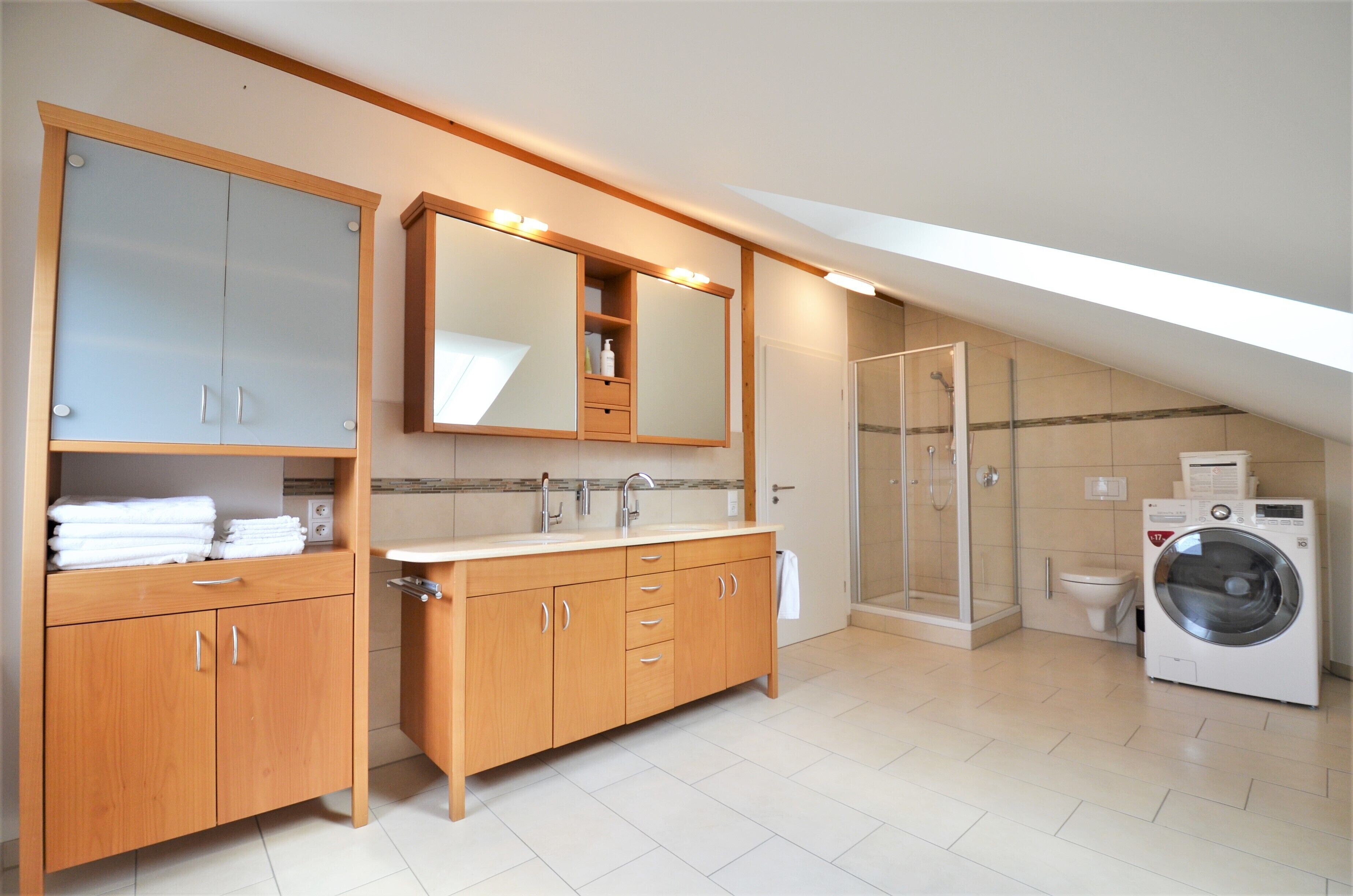 Shower, towels, soap, toilet paper