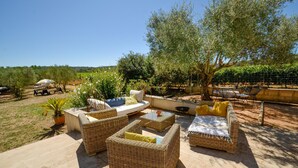 An outdoor seating area with wicker furniture, a potted plant, and a view of a vineyard. - Amazing home in Venelles (Venelles)