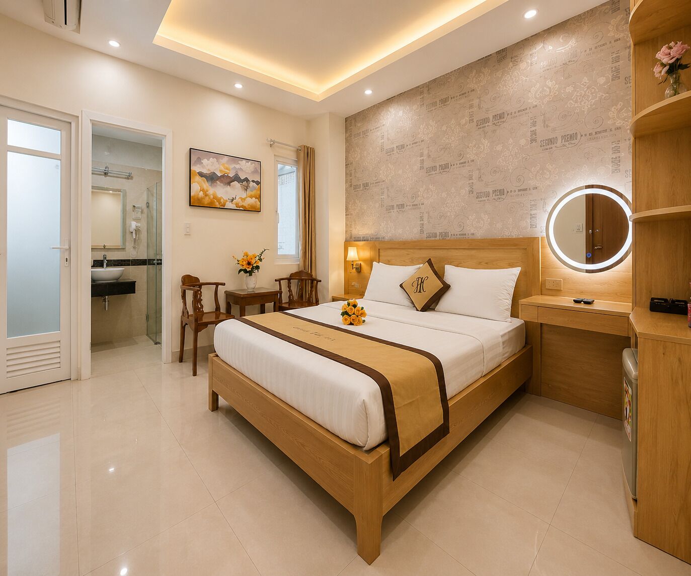 A hotel room with a wooden bed, a bedside table, a mirror, a bathroom with a sink, and a shower.