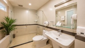 A modern bathroom with a glass shower enclosure, a toilet, a sink, and a mirror. - Thu Ha Airport Hotel (Ho Chi Minh City)
