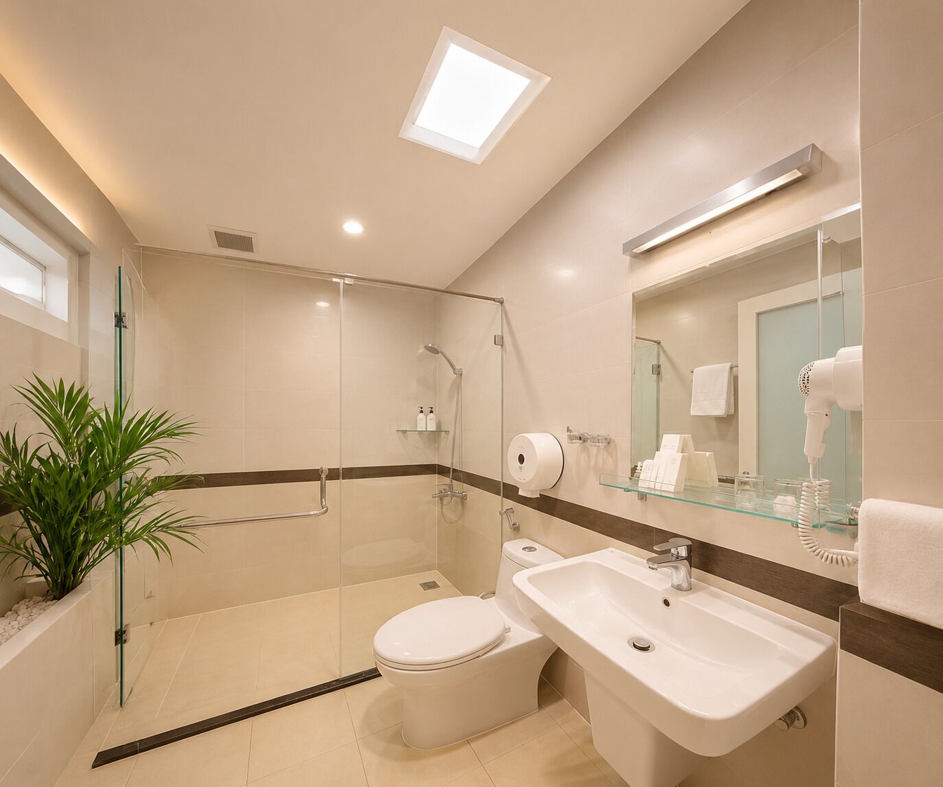 A modern bathroom with a glass shower enclosure, a toilet, a sink, and a mirror.