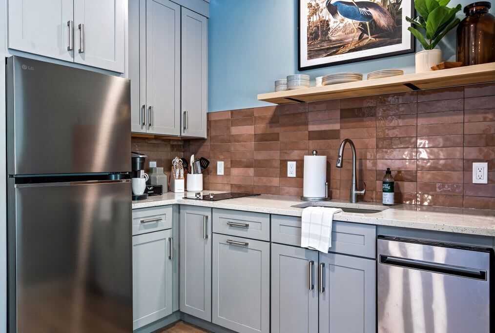 Een koelkast, een kookplaat, een vaatwasser