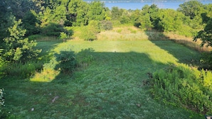 A grassy field with trees and a lake in the distance. - The Seneca Sunsets Studio (Burdett)