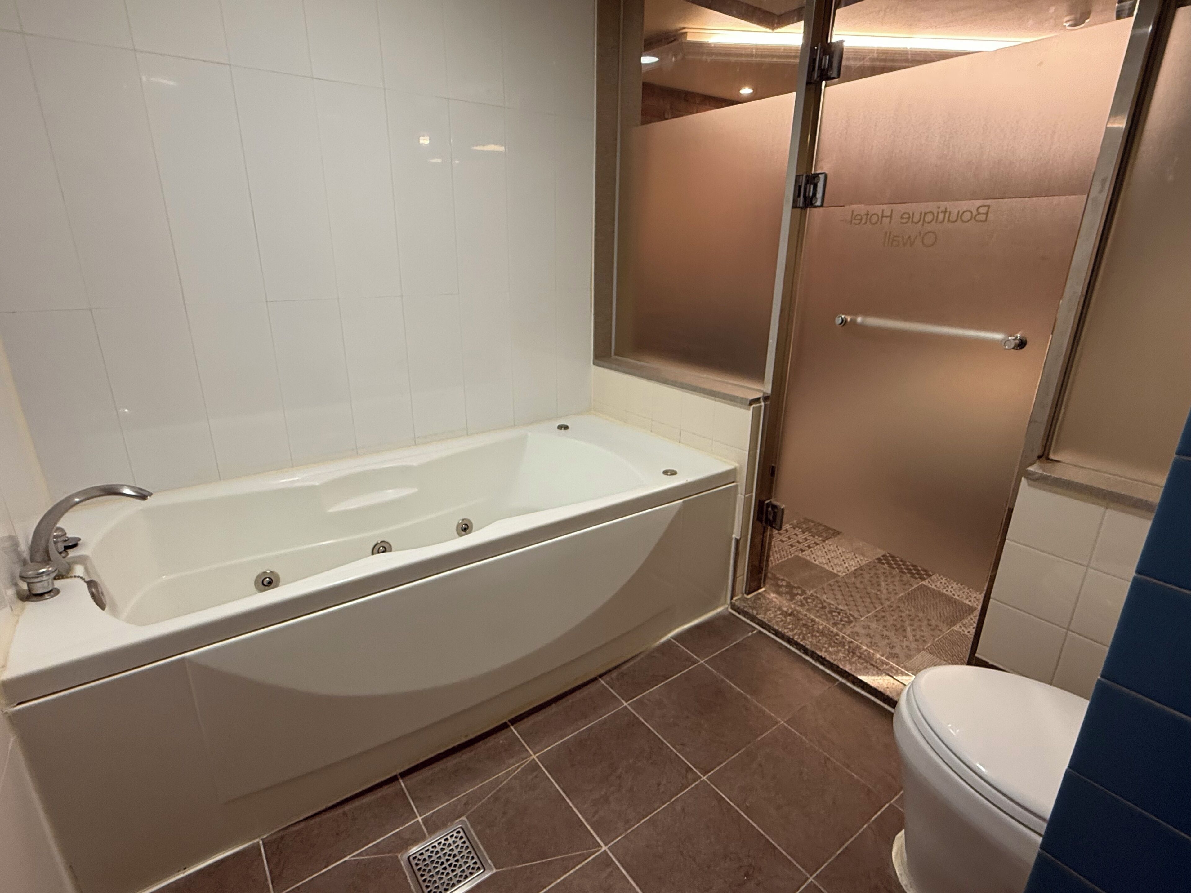 A bathroom with a large bathtub, a shower enclosure, and a toilet.