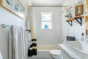 Hair dryer, towels, soap, shampoo