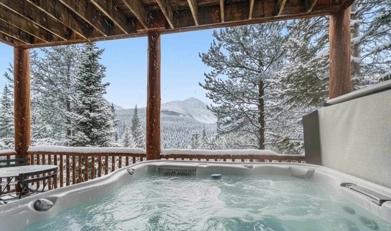 Un jacuzzi con una terraza de madera y vistas a árboles y montañas nevadas.