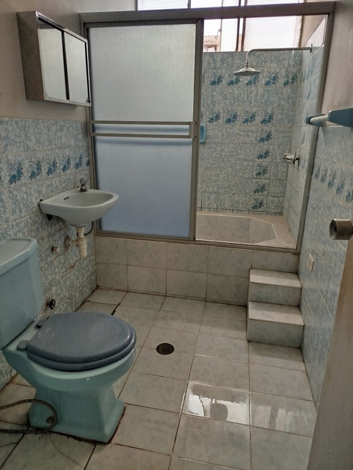 A small bathroom with a toilet, sink, and shower.
