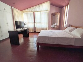 Un dormitorio con cama, escritorio con televisor, armario y ventana con cortinas.