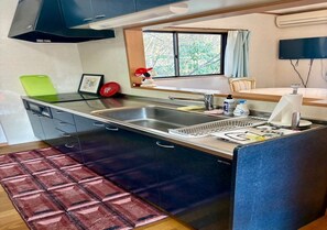 Fridge, microwave, stovetop, cookware/dishes/utensils