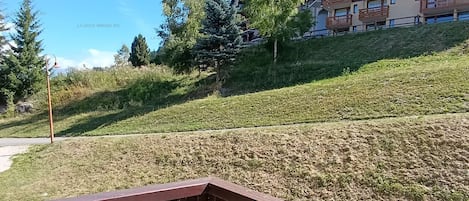 A residential area with a grassy slope, a wooden fence, and multi-story buildings in the background.