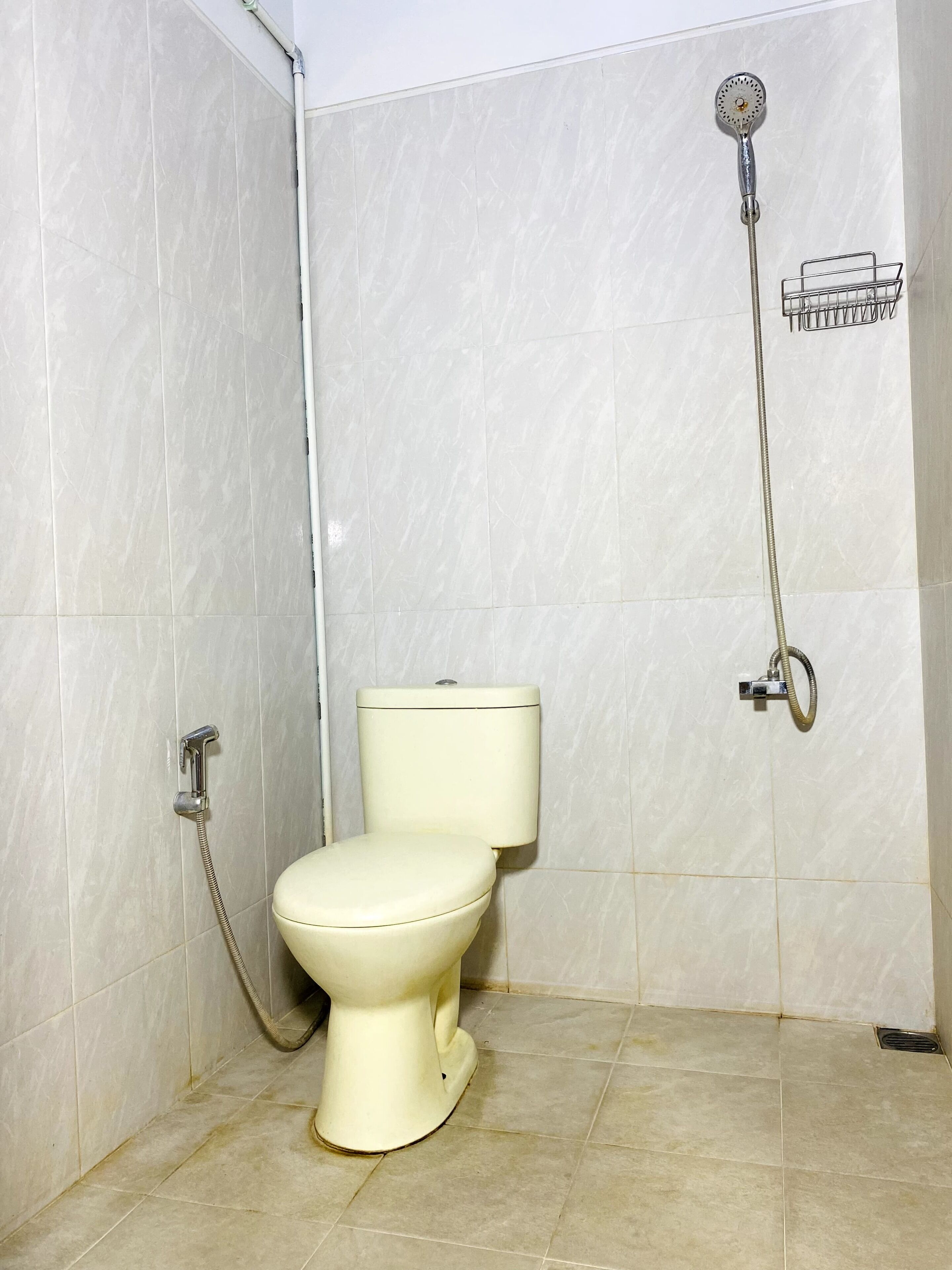 Uma casa de banho com sanita, chuveiro e suporte para papel higiénico.