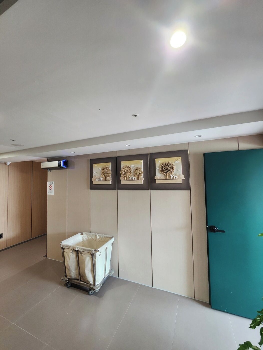 A hotel lobby with a teal door, a trash bin, and wall-mounted decorations.