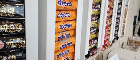 A display of packaged snacks in a store.