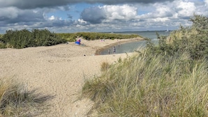 Una spiaggia con sabbia, dune erbose e un corpo d'acqua.