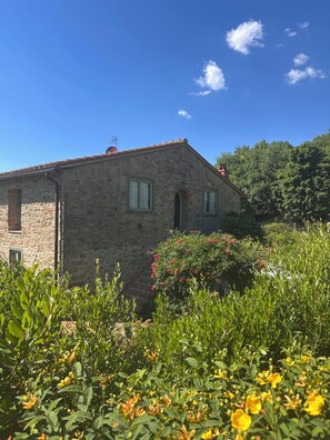 A stone building with a sloped roof, surrounded by lush greenery and flowering plants. - Luxury apartment with a view in Chianti Rufina (Caiano)
