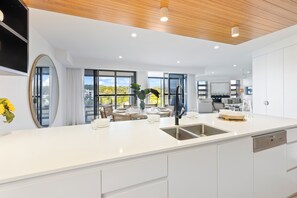 Full-size fridge, microwave, oven, stovetop