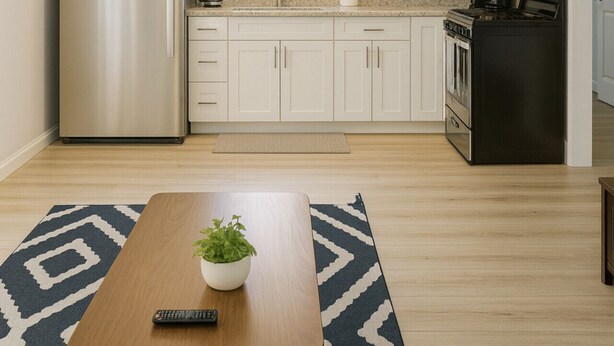 A modern kitchen with white cabinets, stainless steel appliances, and a wooden dining table with a remote control. - Bright Studio Retreat in Chico (Chico)