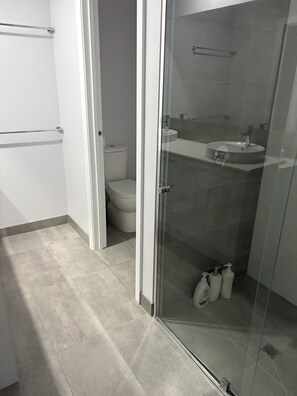 シャワー、タオル、石鹸、トイレットペーパー