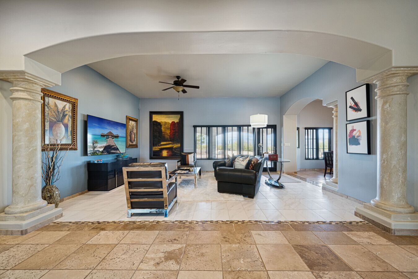 TV, fireplace, books