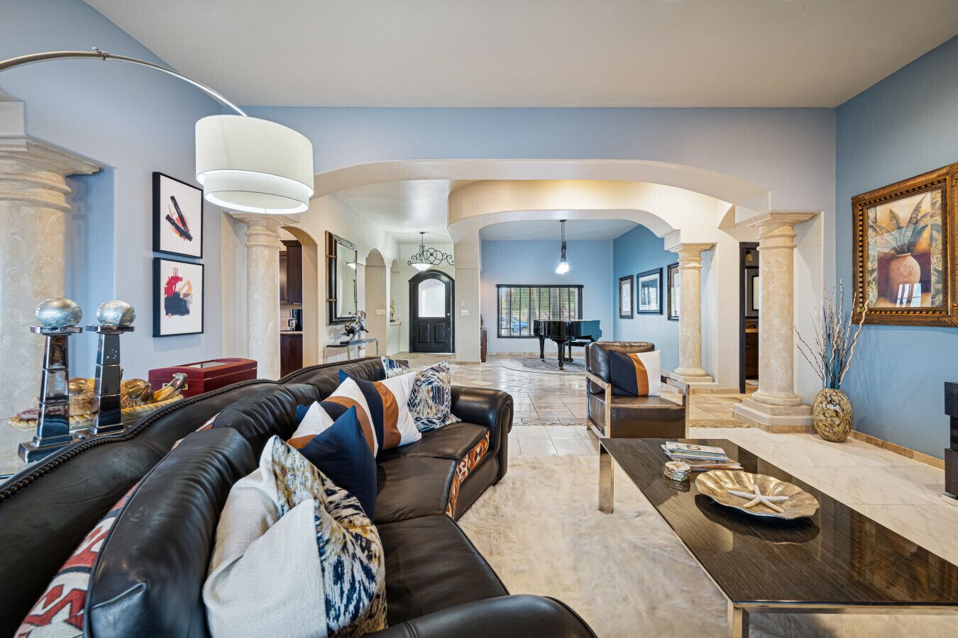 TV, fireplace, books