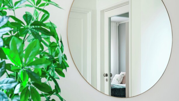 A room with a round mirror on the wall, a potted plant, and a door leading to another room. - Acm021 Bombarda Homes, Spacious 3BR for Families (Porto)