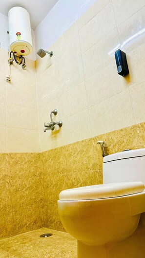 Hair dryer, towels, soap, toilet paper