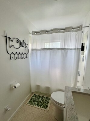 Hair dryer, towels, soap, shampoo