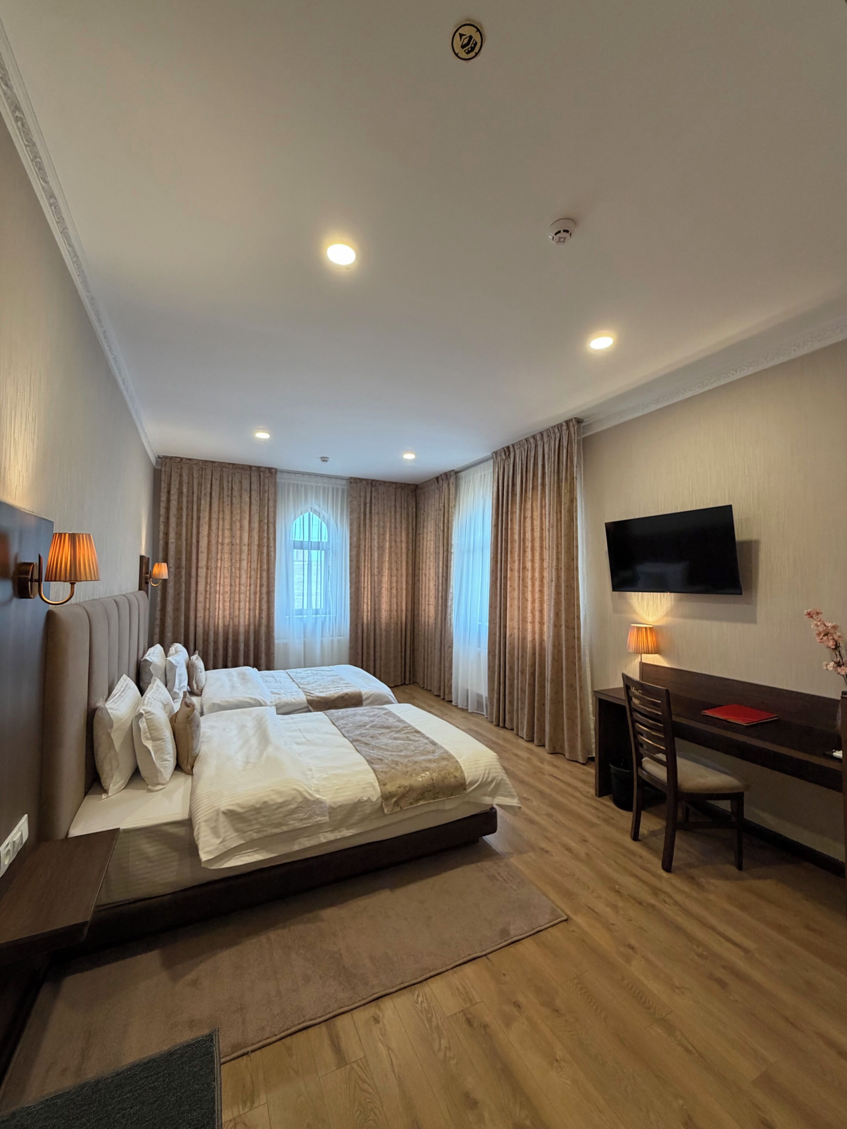 Une chambre d’hôtel avec un lit, un bureau, une télévision et une fenêtre avec des rideaux.