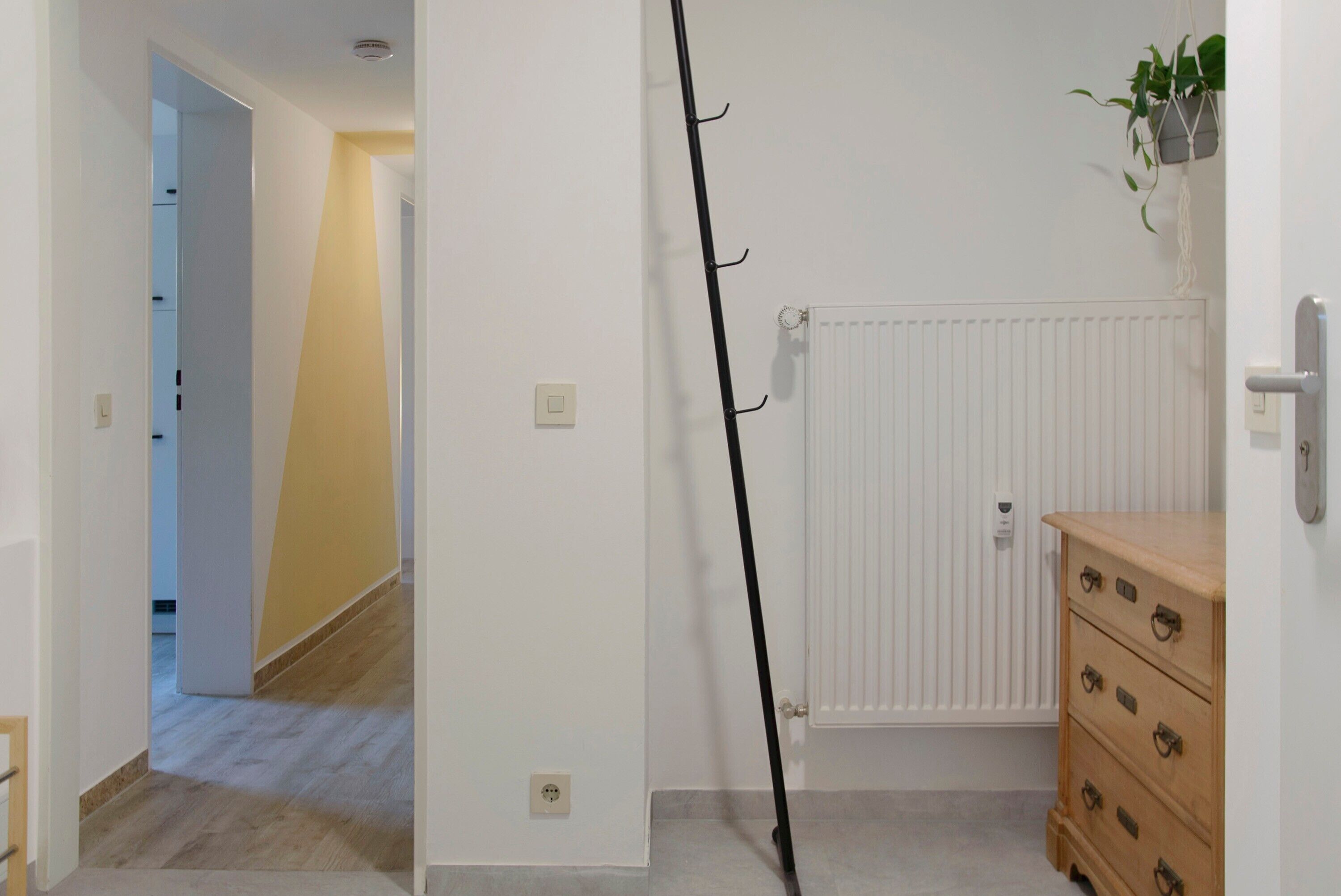 A room with a radiator, a wooden dresser, and a plant on the wall.