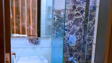 Shower, designer toiletries, hair dryer, bathrobes