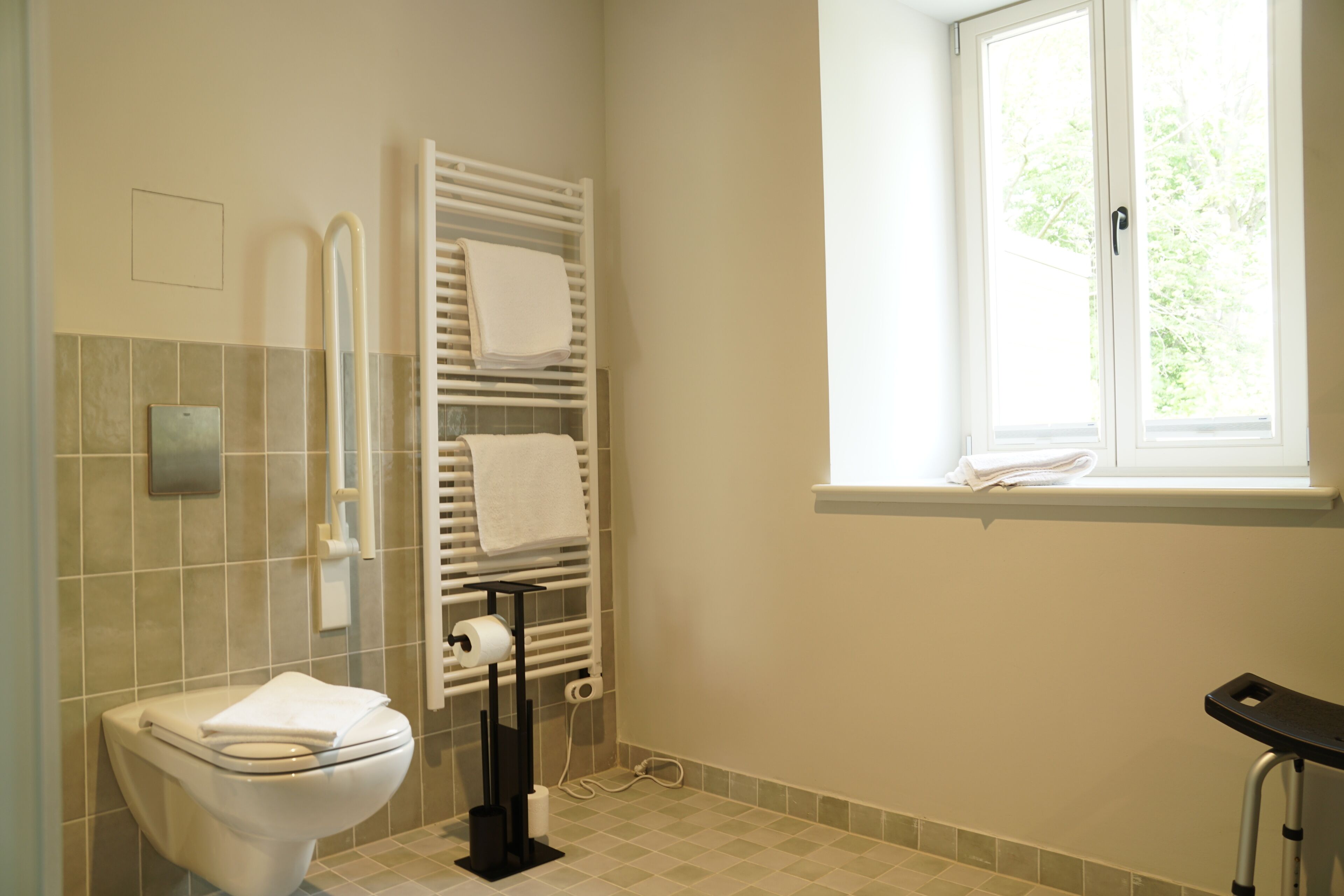 Ein Badezimmer mit Toilette, Handtuchhalter und Fenster.