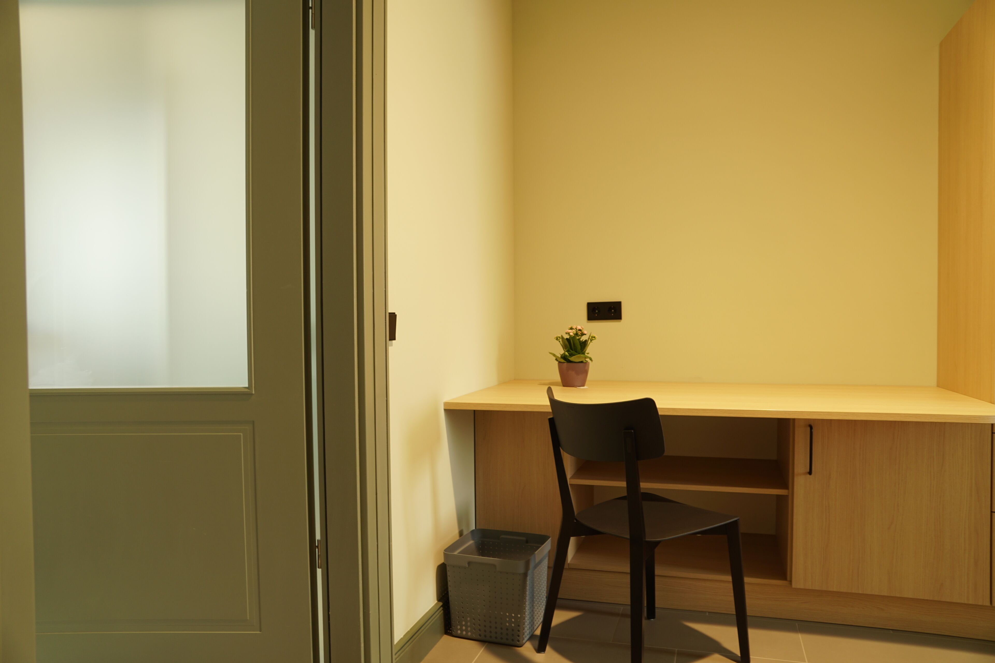 Ein Zimmer mit Schreibtisch, Stuhl, Blumentopf und Mülleimer.