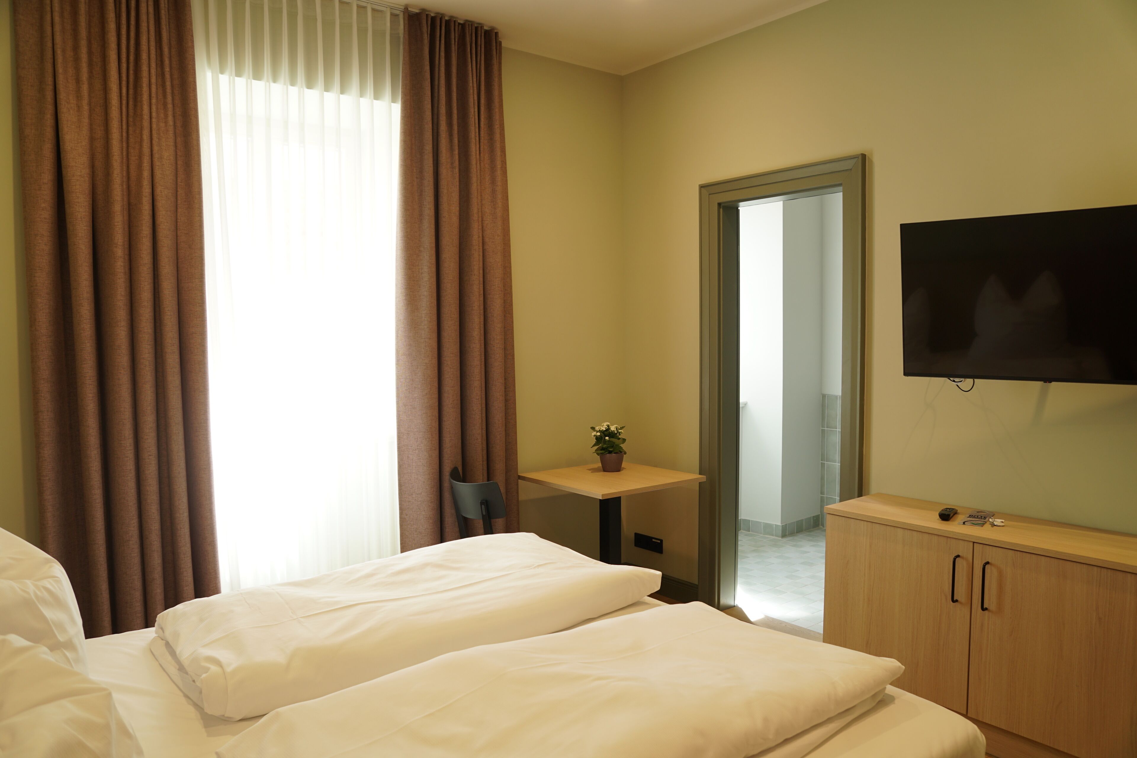 A hotel room with two beds, a TV, a small table with a plant, and a mirror.