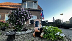 Et hus med tegltag, et flag og en heste statue i haven.