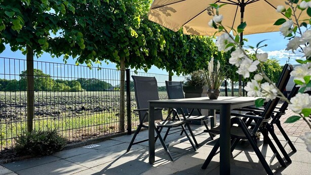 En udendørs terrasse med et bord og stole, en stor parasol og udsigt til et hegn med træer og en klar himmel.