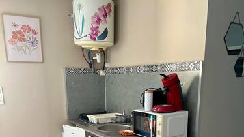 KĂŒhlschrank, Mikrowelle, Herdplatte, Wasserkocher mit Kaffee-/Teezubehör