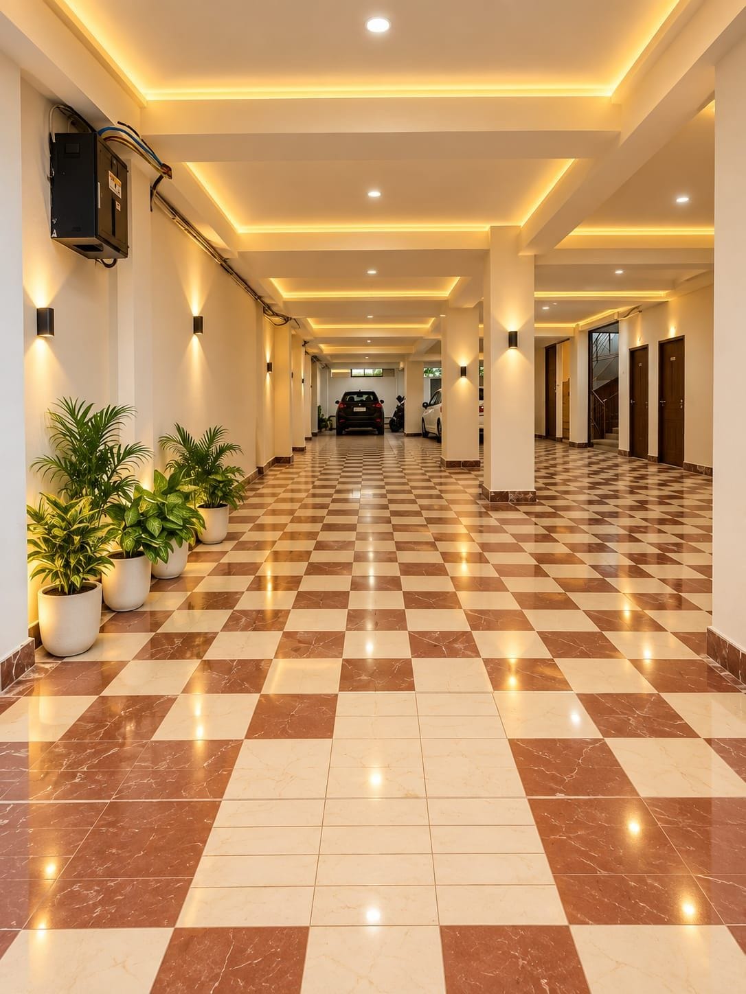 A hotel corridor with checkered flooring, potted plants, and doors on the right.
