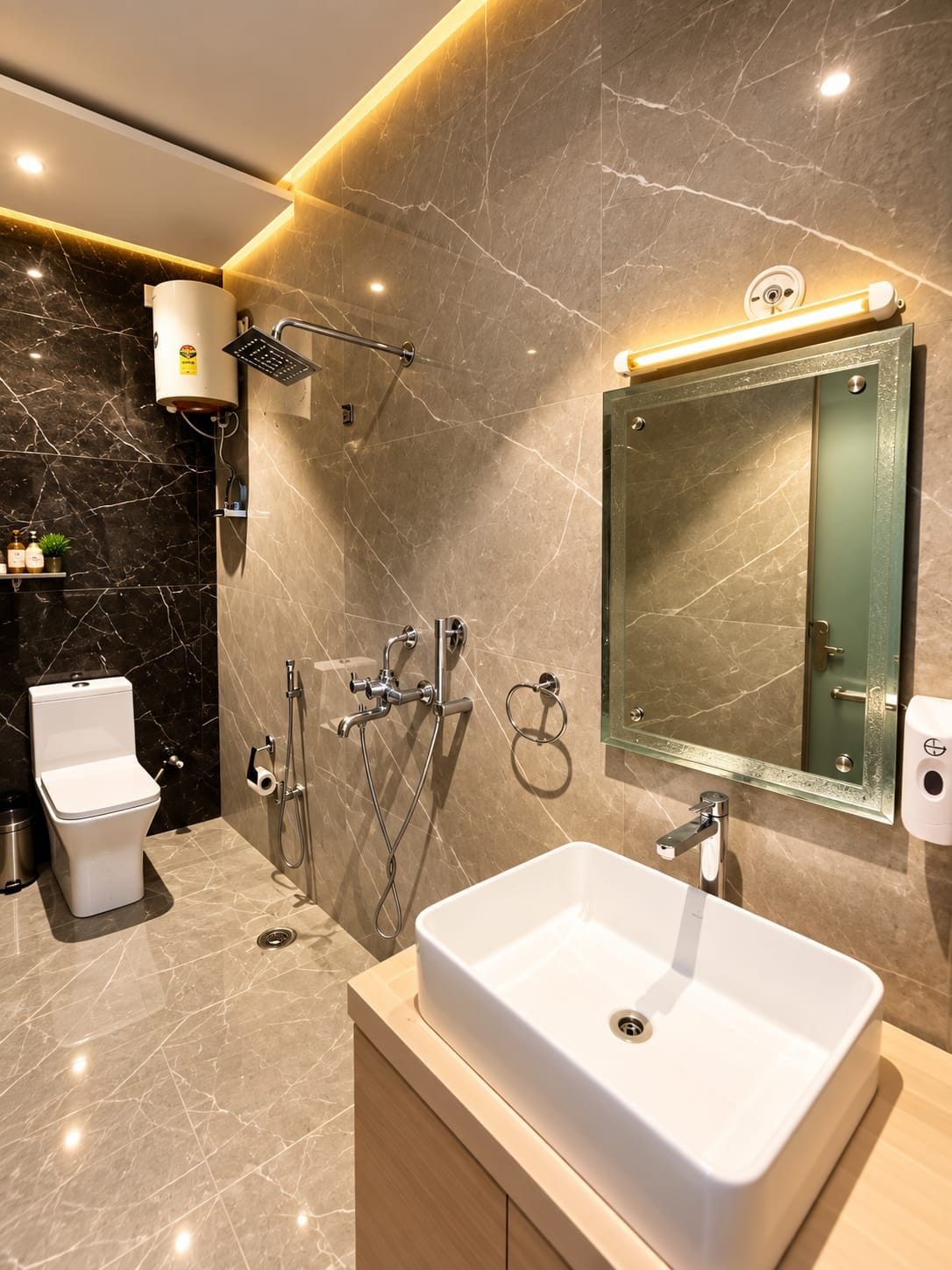 Un baño moderno con un lavamanos blanco, un cabezal de ducha manual, un inodoro y un espejo con luz integrada.