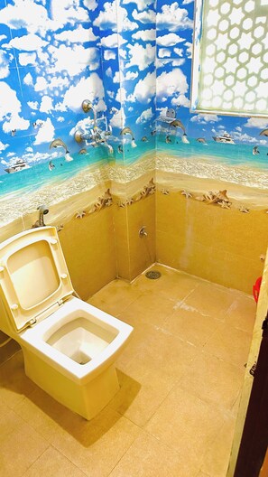 Hair dryer, towels, soap, toilet paper