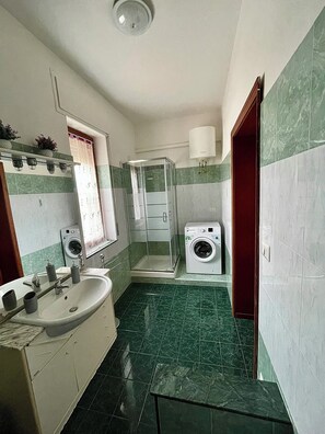 Shower, hair dryer, bidet, towels
