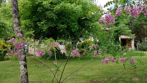 A garden with trees and flowering shrubs. - Guest Room “La Lagune” with Shared Terrace, Private Garden and Wi-Fi (Saint-André-de-Cubzac)