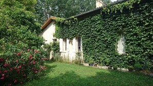 A house with a garden, a white facade, and a roof covered in ivy. - Guest Room “La Lagune” with Shared Terrace, Private Garden and Wi-Fi (Saint-André-de-Cubzac)