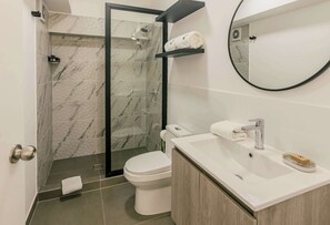 Shower, hair dryer, towels