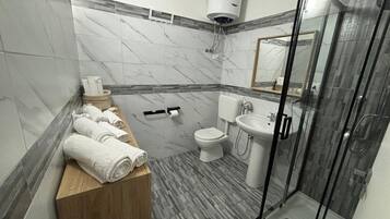 Regadera, secadora de cabello, toallas, jabón