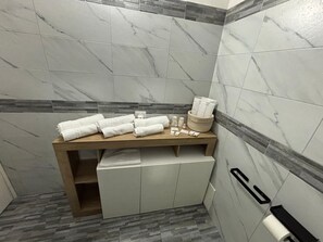 Shower, hair dryer, towels, soap