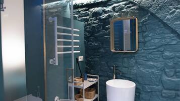 Shower, hair dryer, bidet, towels