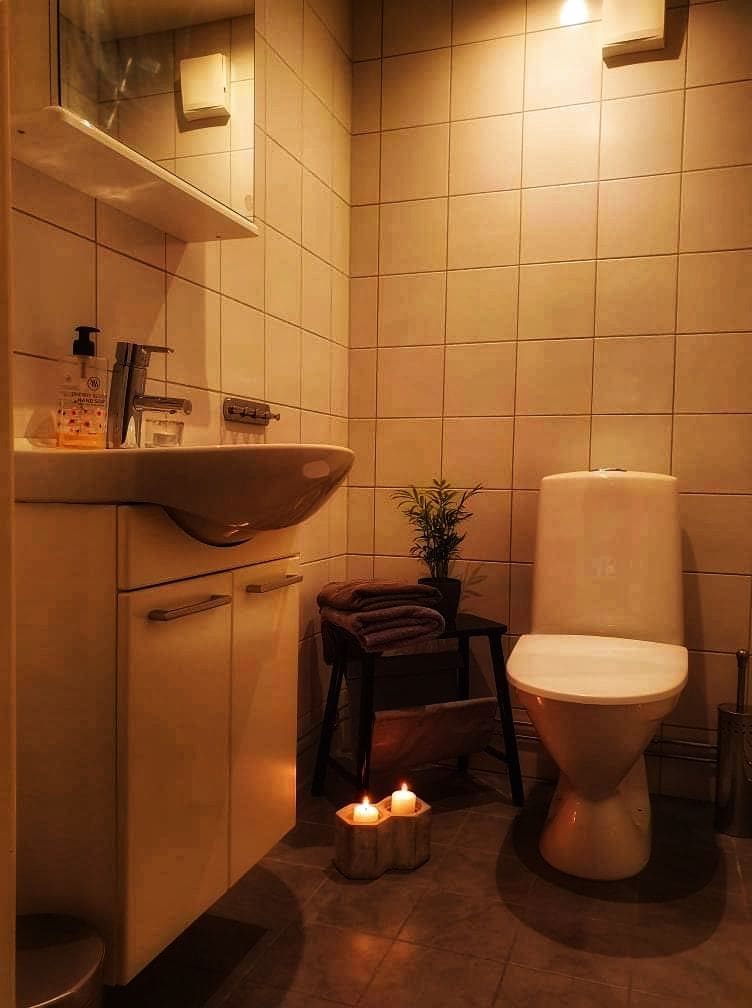 A bathroom with a sink, toilet, and a small table with a plant.